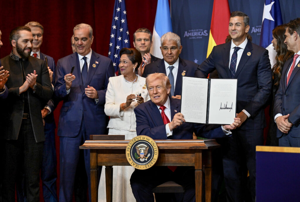 U.S. President Donald Trump speaks at the Shield of the Americas Summit in March in Doral, Florida.