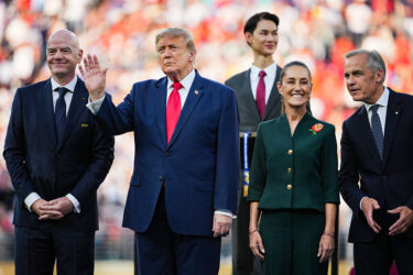FIFA President Gianni Infantino, U.S. President Donald Trump, Mexican President Claudia Sheinbaum and Canadian Prime Minister Mark Carney following the FIFA World Cup Final in East Rutherford, New Jersey on July 19