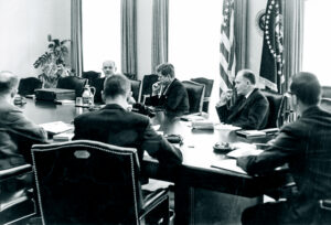 U.S. President John F. Kennedy holds emergency talks at the White House in September 1962.
