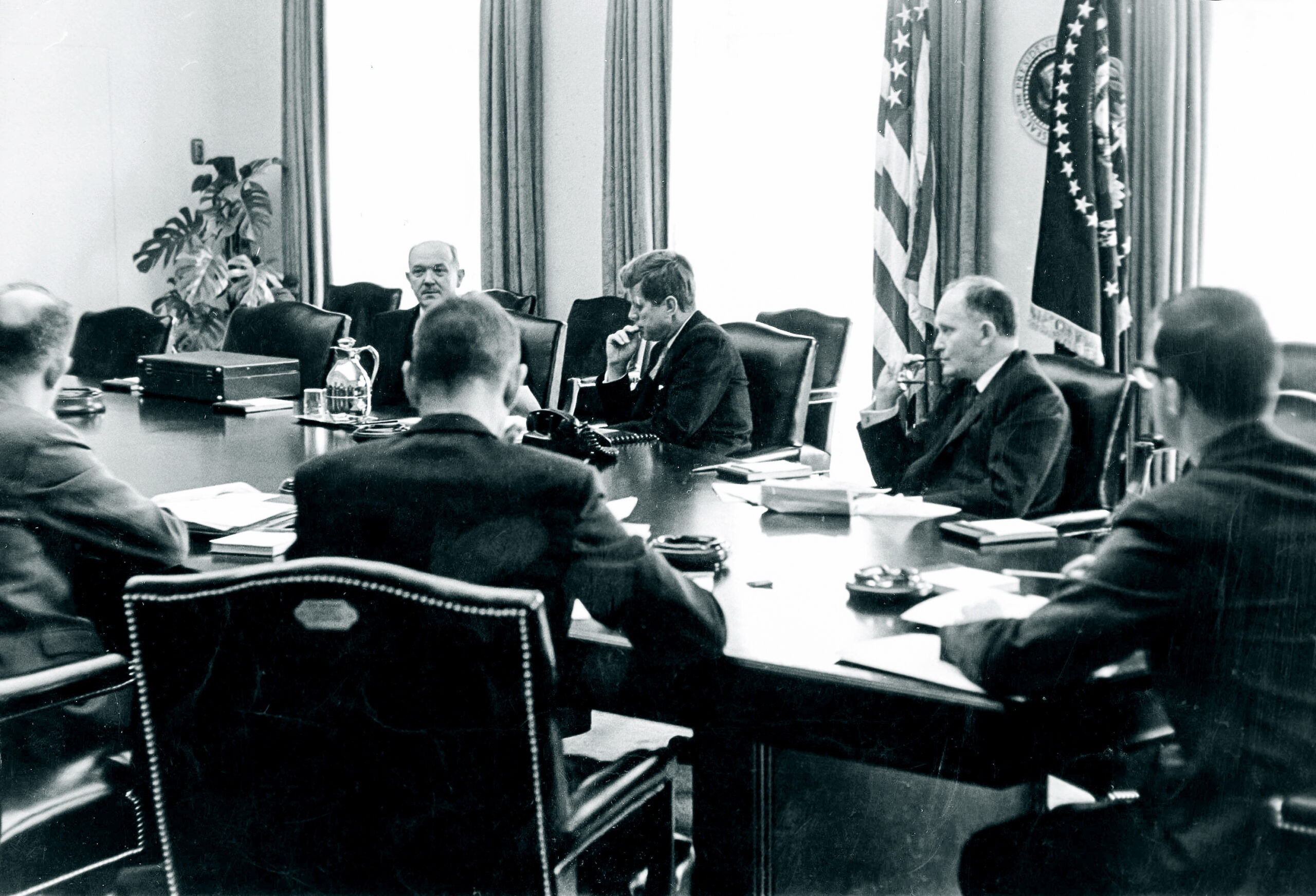 U.S. President John F. Kennedy holds emergency talks at the White House in September 1962.