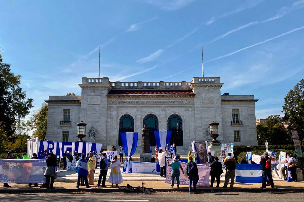 Nicaraguans gather in front of the Organization of American States building in Washington, DC, during a protest against President Daniel Ortega in 2020.